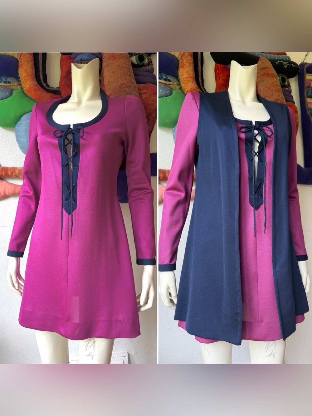 1960’s YOUNG EDWARDIAN DRESS & Vest Set Vintage Set Ensemble MOD Purple Blue S